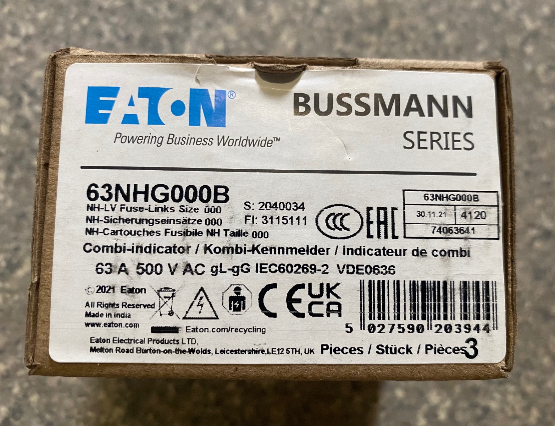Eaton Bussmann 63NHG000B NH-Sicherungseinsatz NH000 63A 500V 3 Stück