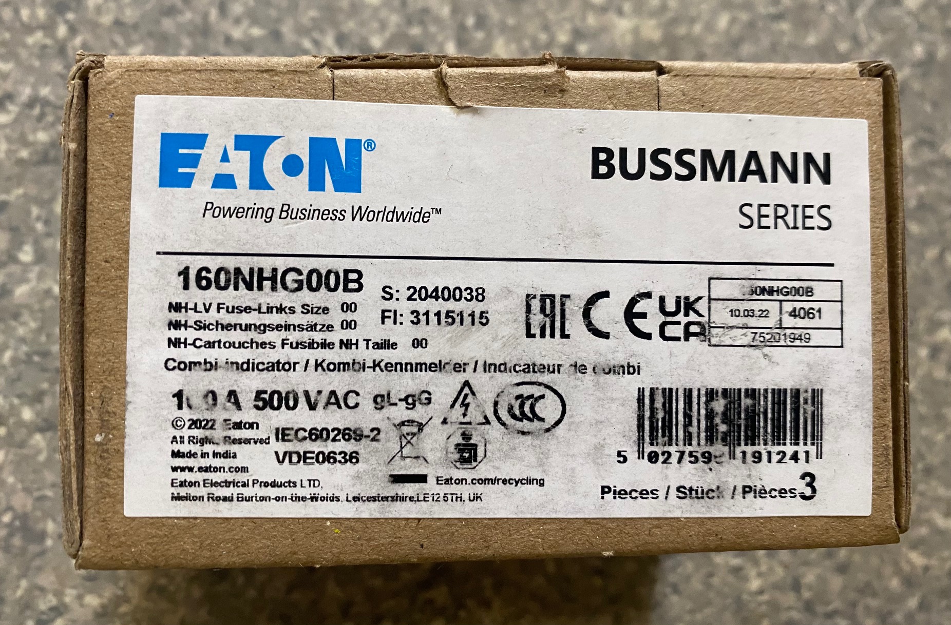 Eaton Bussmann 160NHG00B NH-Sicherung NH00 160A 500V 3 Stück