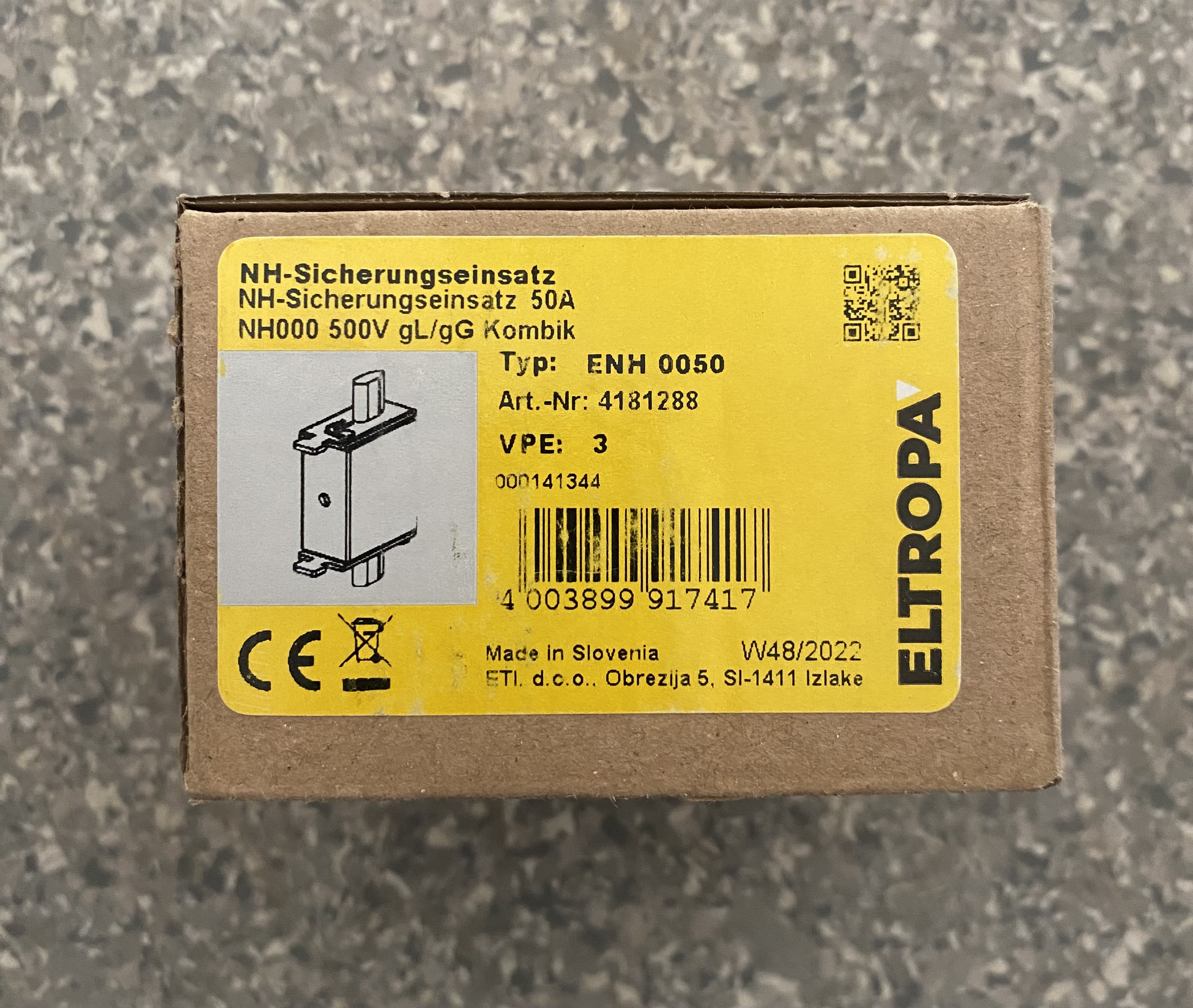 ELTROPA ENH 0050 NH000 Sicherungseinsatz 50 A 500 V gG/gL – 3er-Pack