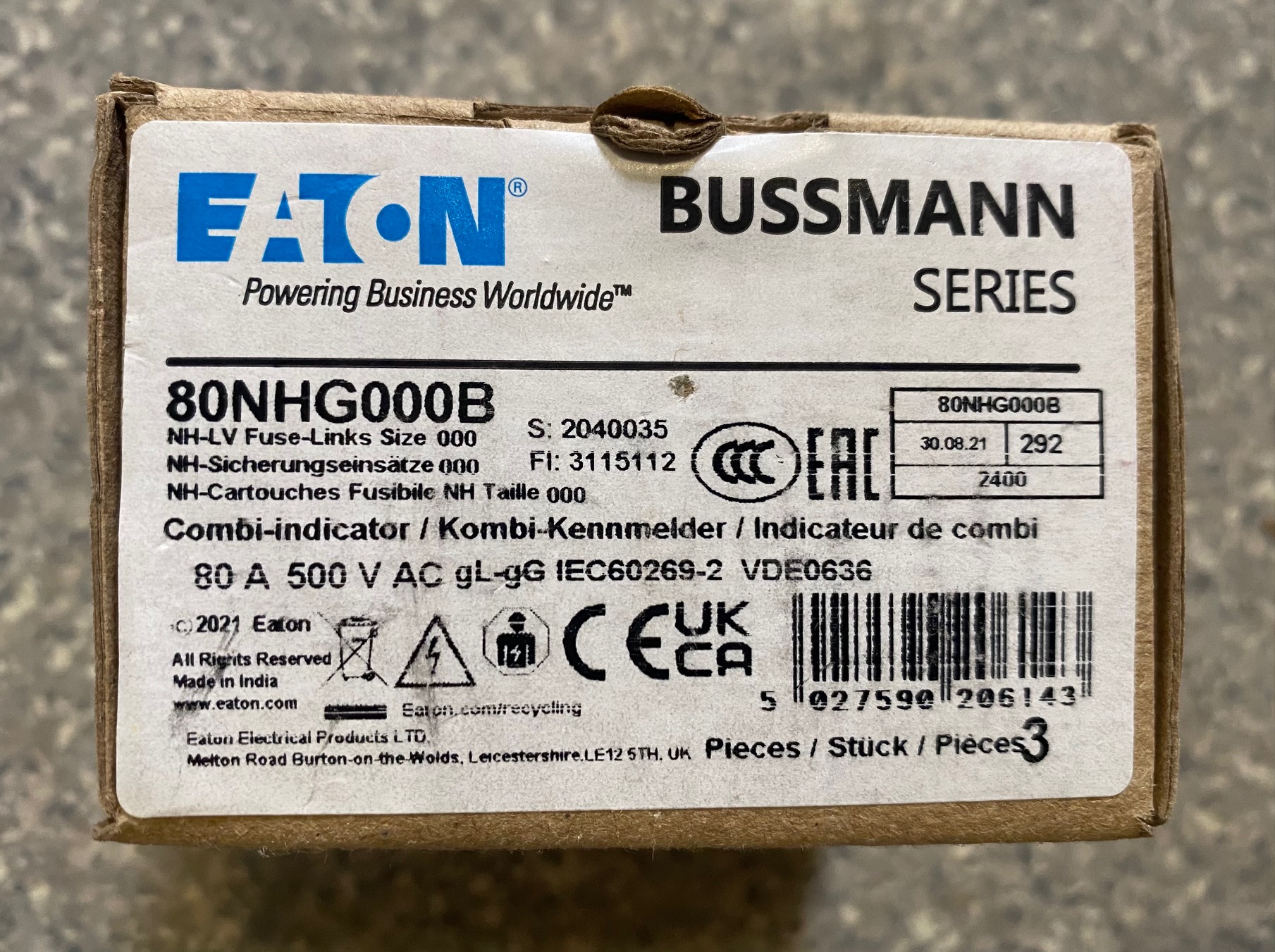 Eaton Bussmann 80NHG000B NH-Sicherungseinsatz NH000 80A 500V 3 Stück